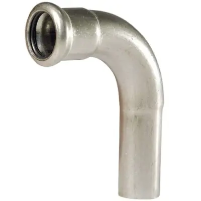 M-Press stainless steel 316 gas M-profile press fit x plain OD 90 degree street bend. HNBR Seal, PN5 rated. DVGW Gas approved.