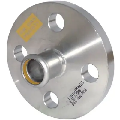 M-Press stainless steel 316 gas M-profile press fit x PN16 flange adapter. HNBR Seals, PN5 rated. DVGW Gas approved.