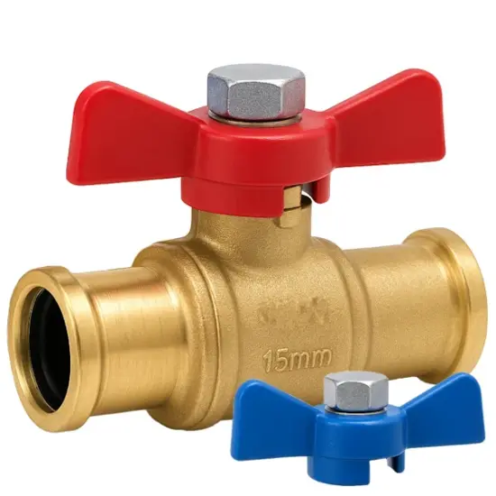 press-fit-brass-2-piece-ball-valve-epdm-pn16-dual-butterfly-handles M-Press M profile press fit 2-piece brass ball valve with EPDM seals and PN16 rating. Includes red and blue butterfly handles.