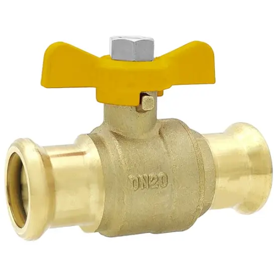 press-fit-brass-2-piece-ball-valve-hnbr-gas-pn5-butterfly M-Press M profile press fit 2-piece brass ball valve with HNBR seals, butterfly handle and PN5 rating for gas