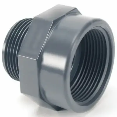 RE21 UPVC Plastic male x female BSP threaded straight reducer. Imperial fitting, PN10 pressure rated, conforms to BS 4346-1