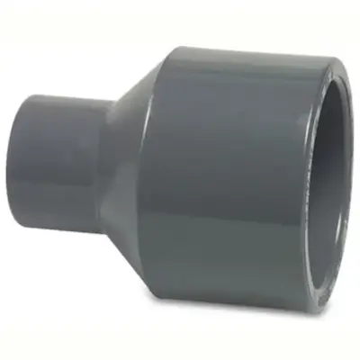 RP20 Metric UPVC plastic straight reducer with plain solvent weld ends. PN15 pressure rated, conforms to BS 4346-1