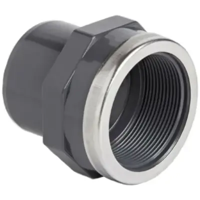 SF17 UPVC Female straight adapter with stainless steel 304 reinforced end. Metric x imperial fitting, plain x female BSP threaded. PN10 rated.
