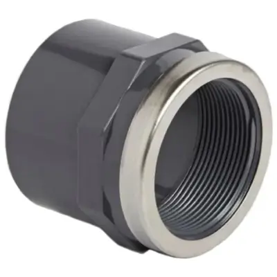 S017 UPVC Plastic male x female straight adapter with stainless steel 304 reinforcing ring. Metric x imperial fitting, BSPP Threaded, PN10 rated.