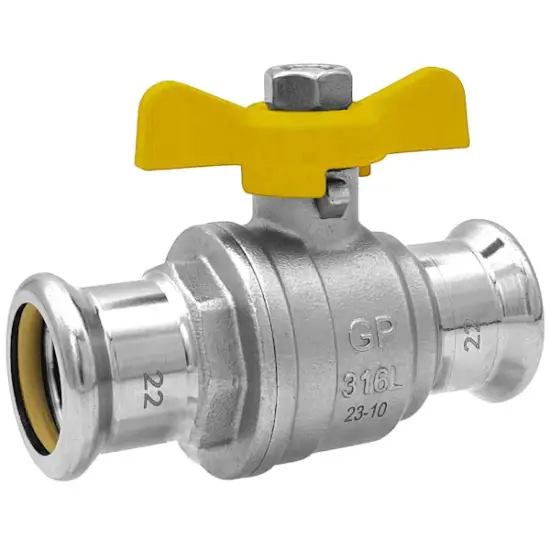M-Press M profile press fit 2-piece stainless steel ball valve with butterfly handle, HNBR seals and PN5 rating for gas.