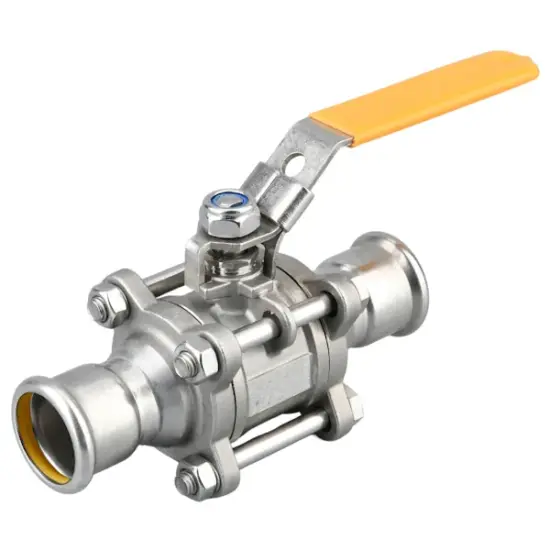 stainless-steel-3-piece-ball-valve-press-fit-hnbr-pn5 M-Press M profile press fit 3-piece stainless steel ball valve with HNBR seals, locking lever and PN5 rating for gas.