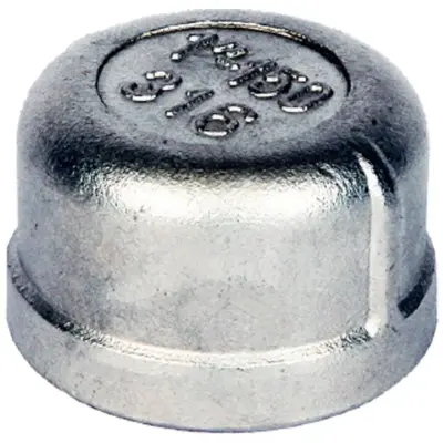 Stainless steel 316 round end cap with female threaded end. Fitting conforms to ISO 4144, PN20 pressure rated.