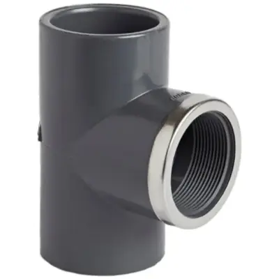 TE47 Reinforced UPVC plastic plain/threaded equal tee. Metric x imperial fitting, BSP threaded, SS304 reinforcing ring, PN10 rated.