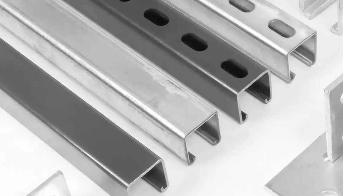 A selection of plain and slotted Unistrut channel, a Unistrut bracket also shown bottom right.