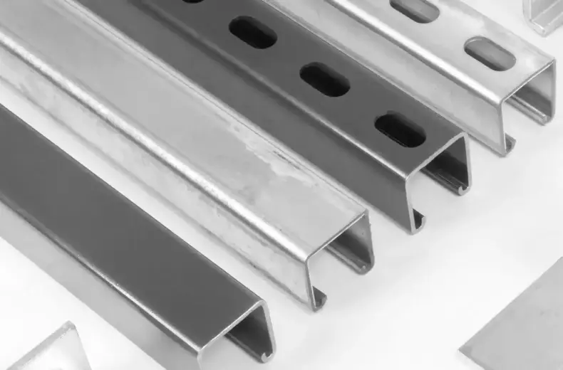 A selection of plain and slotted Unistrut channel, a Unistrut bracket also shown bottom right.