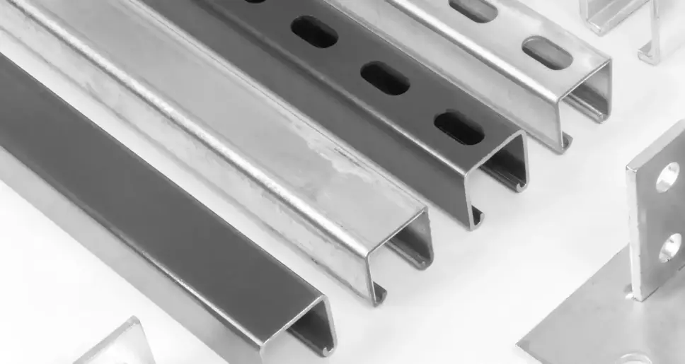 A selection of plain and slotted Unistrut channel, a Unistrut bracket also shown bottom right.